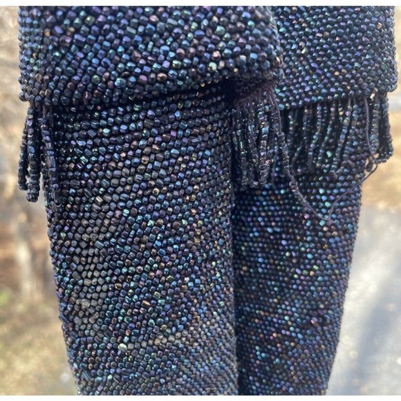 Antique Vintage 20th C.  Dark Iridescent Beaded Flapper Art Deco Glass Purse Bag - Picture 2 of 16